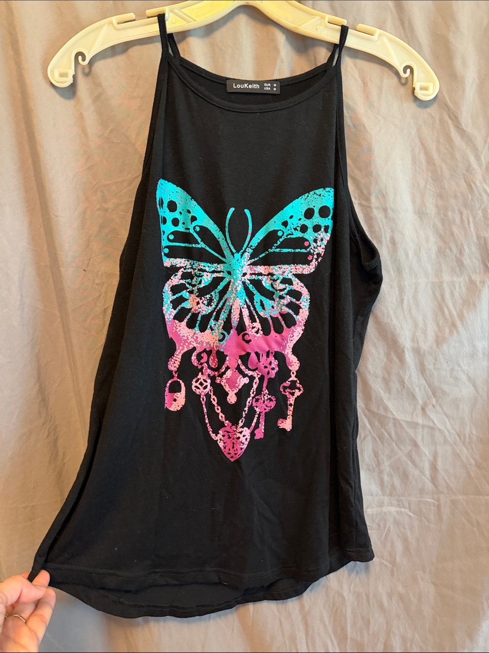 Black Tank with Turquoise and Pink Butterfly Graphic
